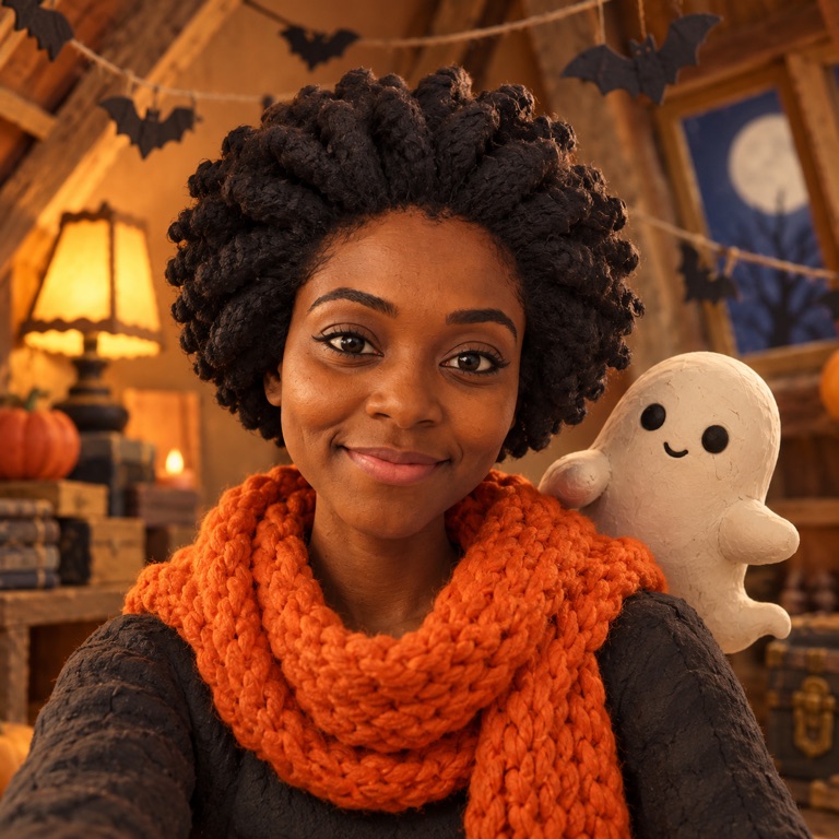 Square claymation-style avatar of a woman with a clay afro and orange knitted scarf, a small white clay ghost beside her shoulder