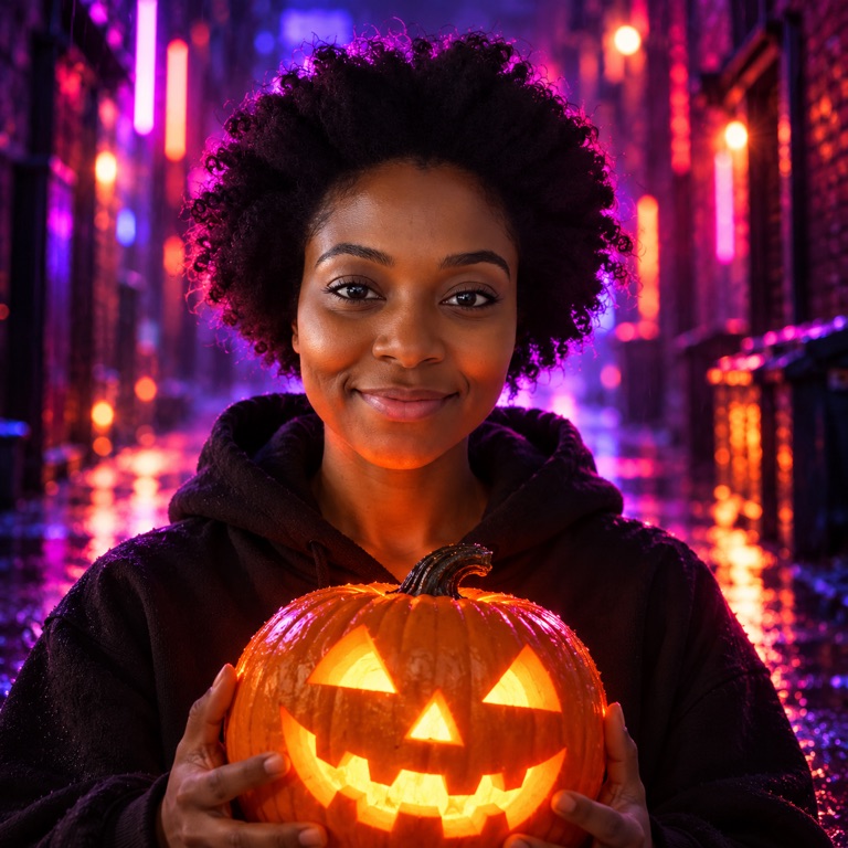 Square neon-lit Halloween avatar of a woman in a black hoodie holding a glowing carved pumpkin in a rainy alley