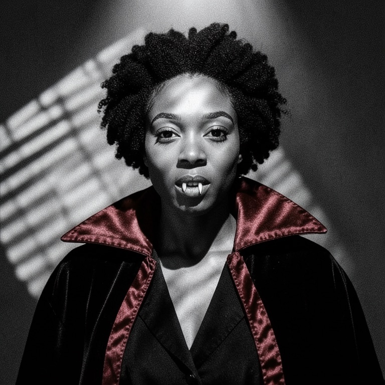 Square black-and-white noir vampire profile picture of a woman with a short afro in a high-collared cape with red lining