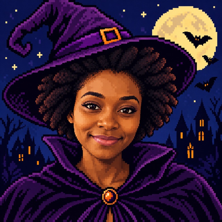 Square 16-bit pixel art witch avatar with a purple hat and violet cloak in front of a pixel full moon and bats