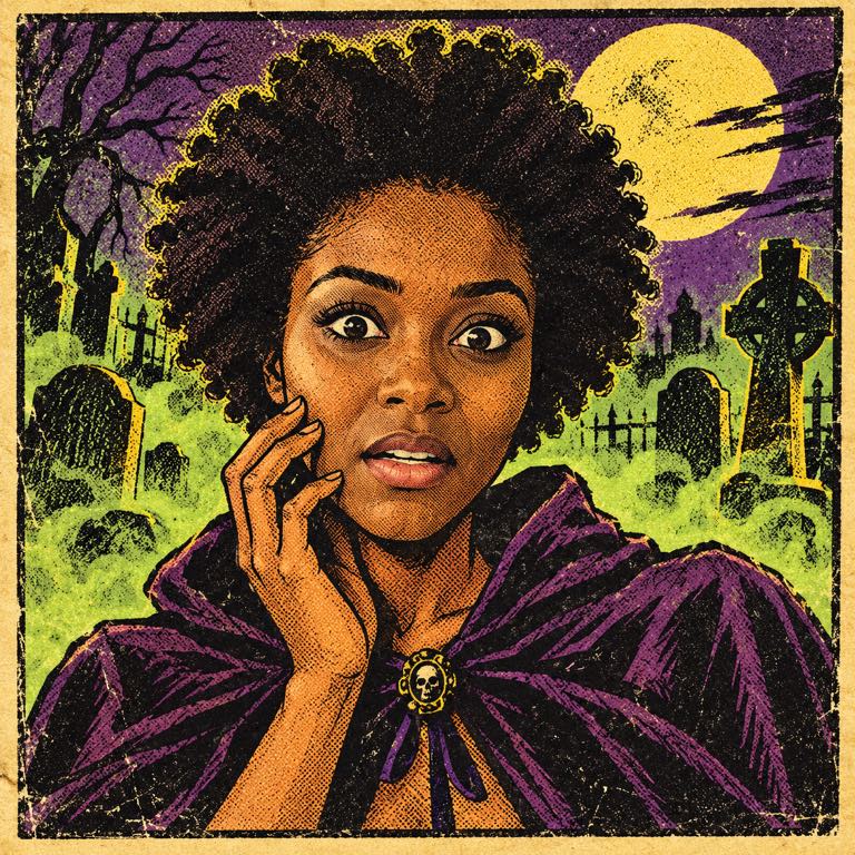 Square retro horror comic panel avatar of a startled woman in a foggy graveyard, drawn with halftone dots in green and purple