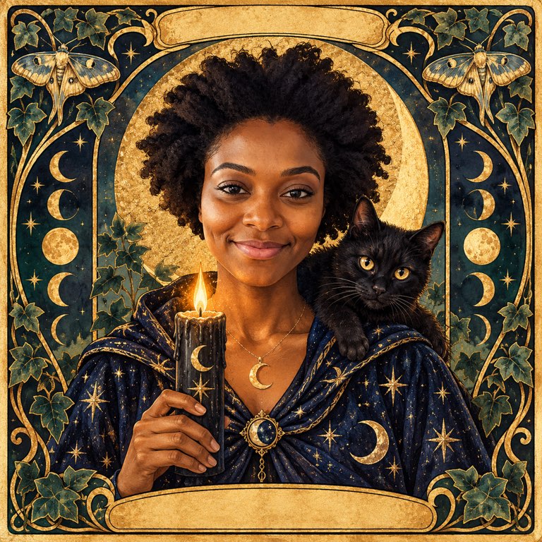 Square painted tarot card avatar of a woman in a star-embroidered midnight-blue robe with a black cat and candle under a gold arch