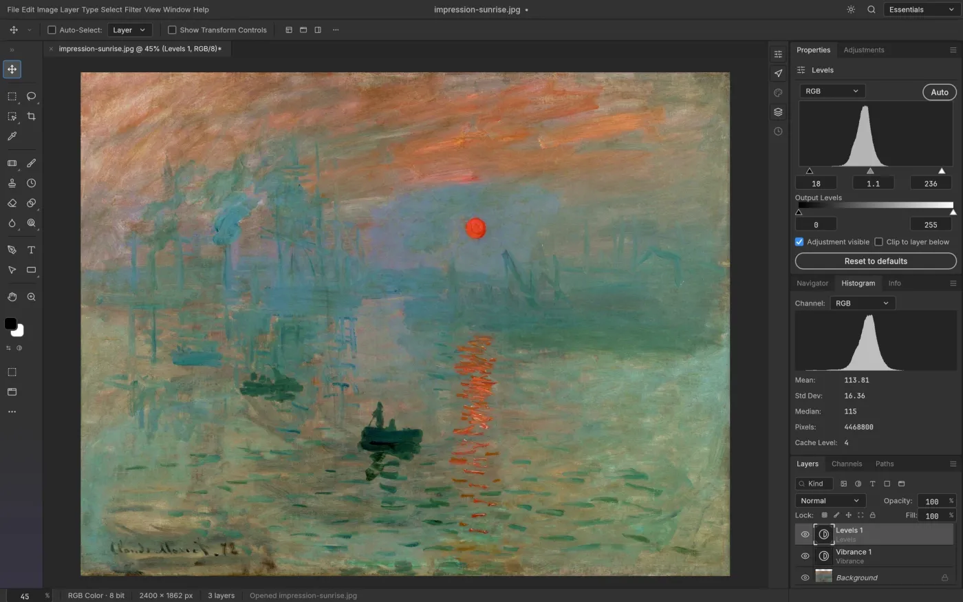 PhotoCraft with Levels and Vibrance adjustment layers and the Histogram panel on Monet’s Impression, Sunrise