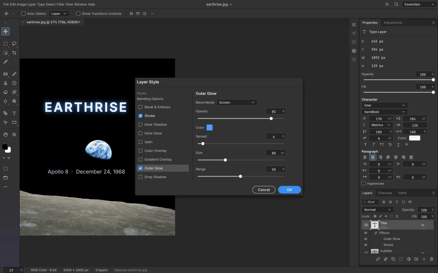 The PhotoCraft Layer Style dialog editing an Outer Glow on a type layer over the Earthrise photograph